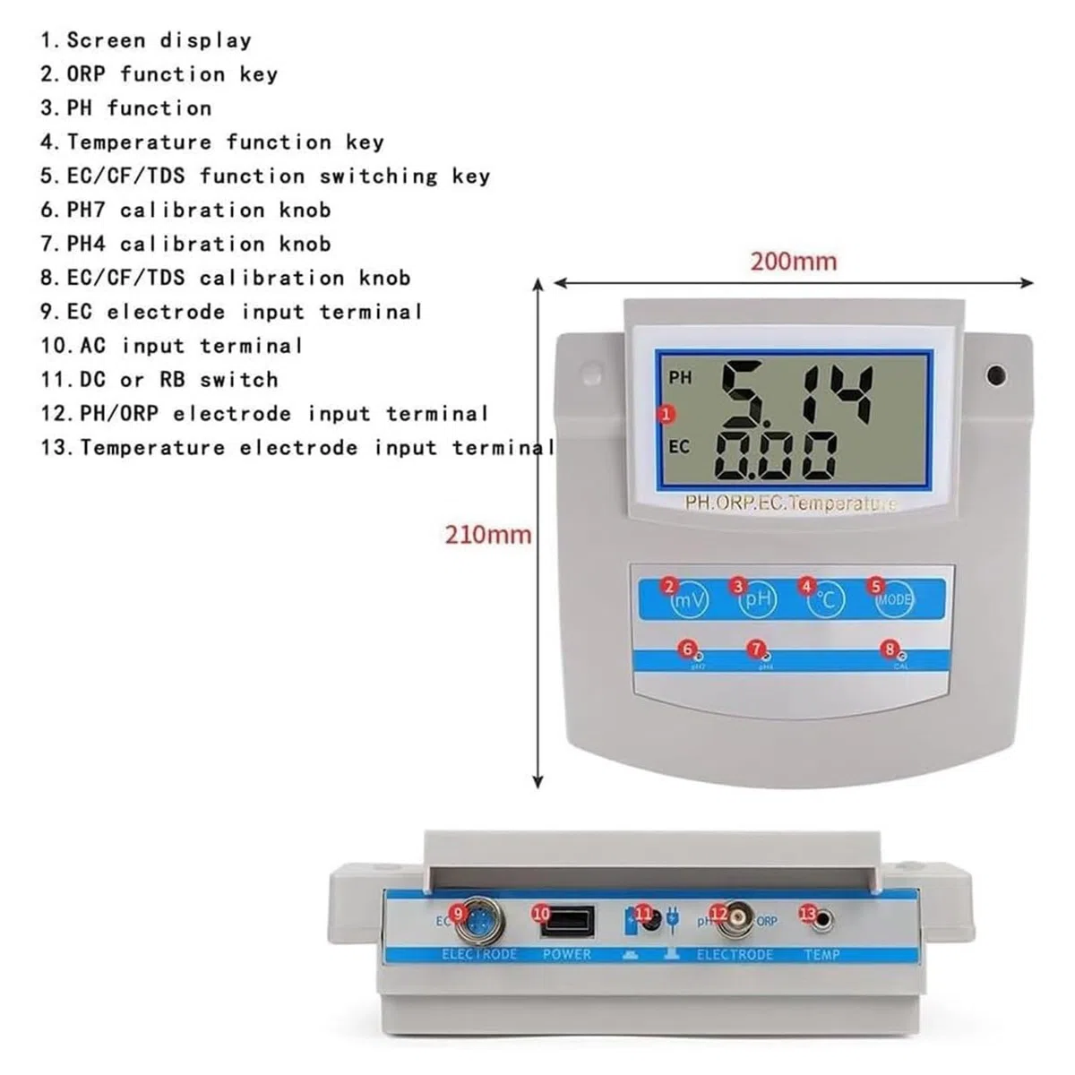 Medidor digital de pH 6 en 1 de escritorio, monitor de calidad del agua para PH, ORP, TDS, EC, CF, temperatura, medidor de mesa con ahorro de datos, para acuario, laboratorio, pesca