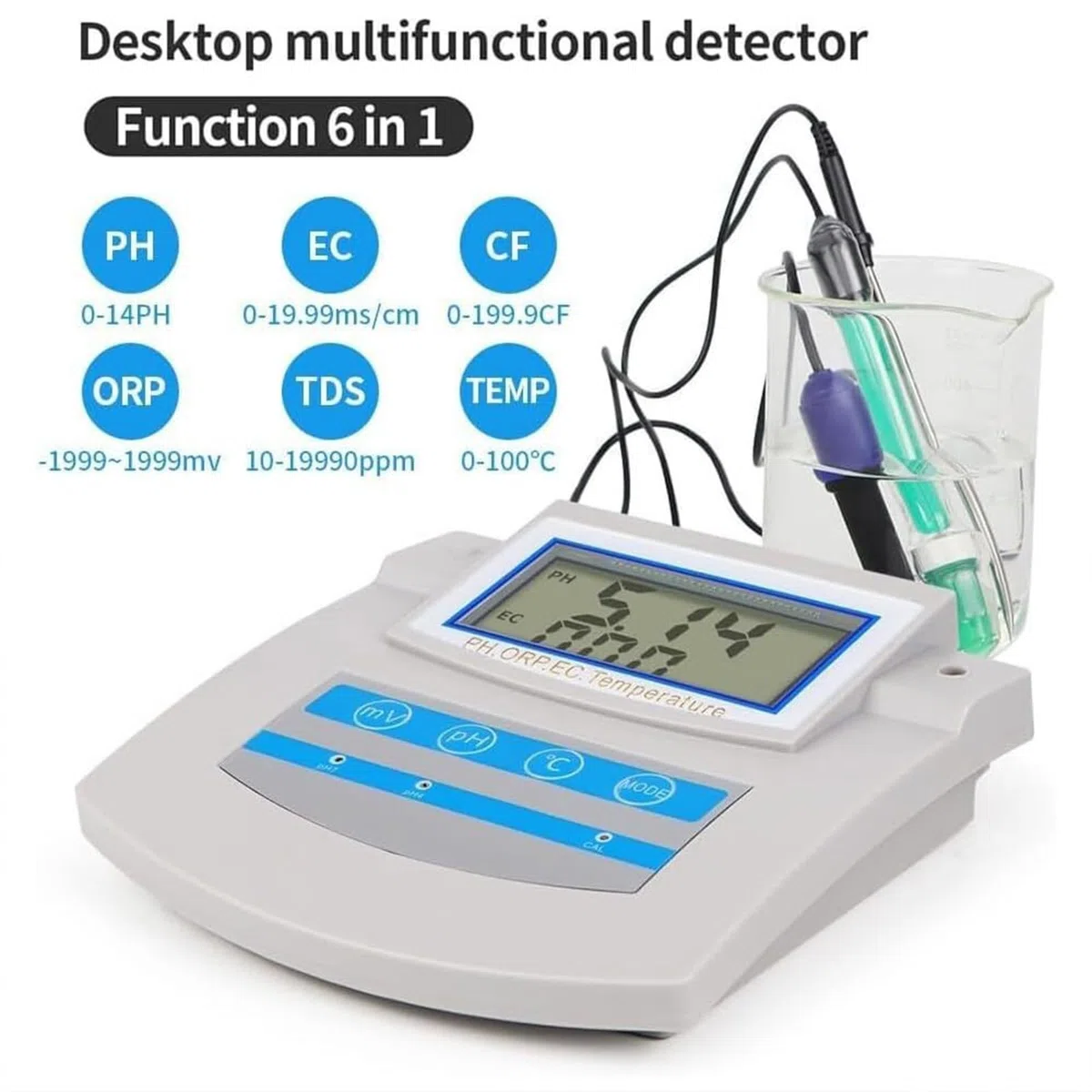 Medidor digital de pH 6 en 1 de escritorio, monitor de calidad del agua para PH, ORP, TDS, EC, CF, temperatura, medidor de mesa con ahorro de datos, para acuario, laboratorio, pesca