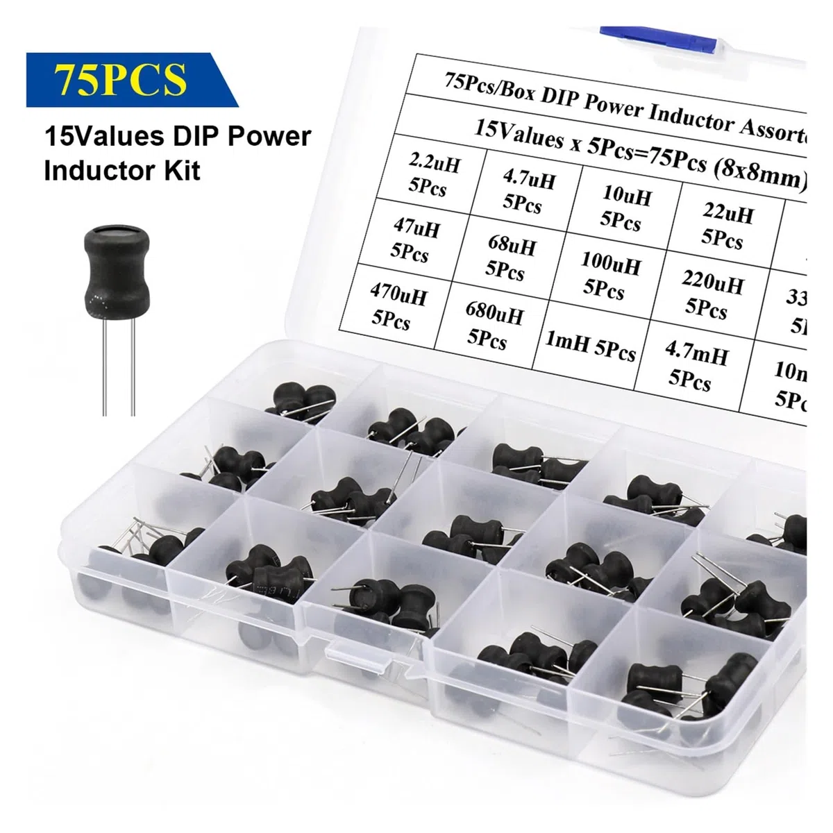 Caja de 75 Piezas Kit Surtido de inductores de Potencia Dip 15 valores X 5 Piezas = 75 Piezas Inductancia 8x10mm 2.2uH-10mH