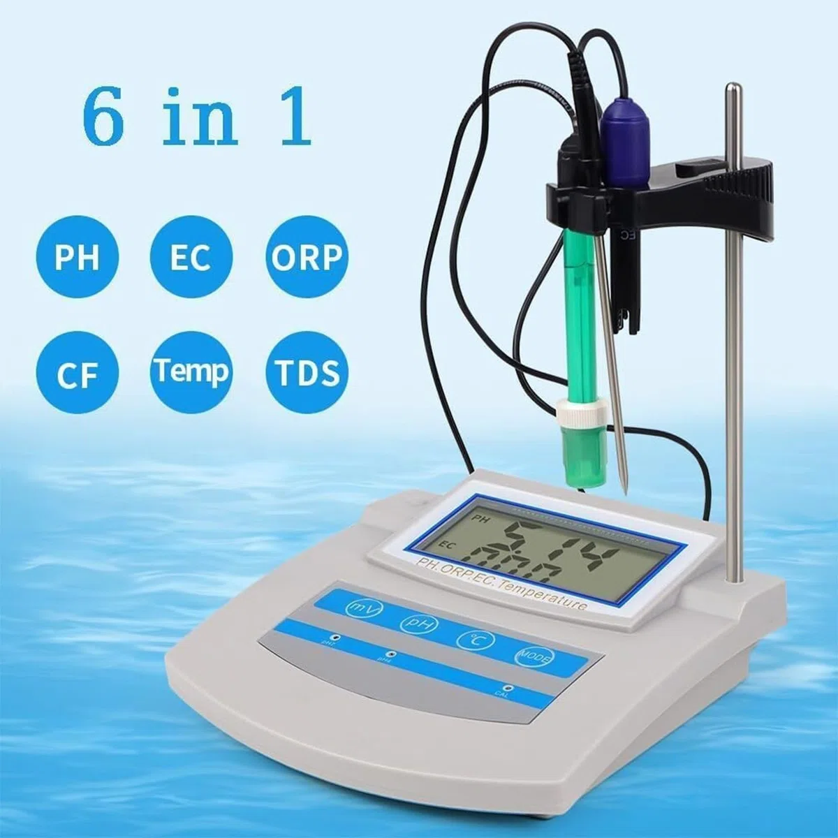 Medidor digital de pH 6 en 1 de escritorio, monitor de calidad del agua para PH, ORP, TDS, EC, CF, temperatura, medidor de mesa con ahorro de datos, para acuario, laboratorio, pesca