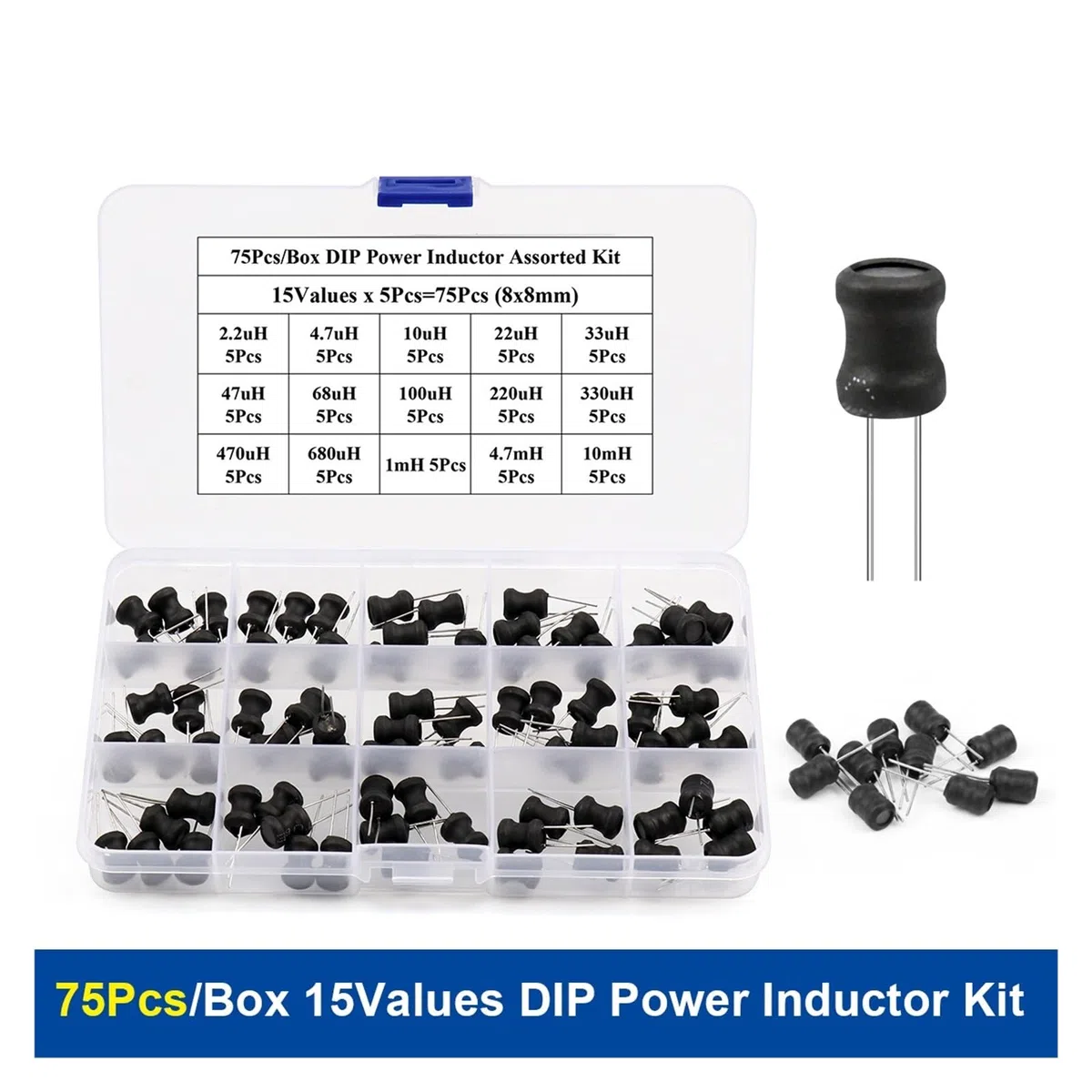 Caja de 75 Piezas Kit Surtido de inductores de Potencia Dip 15 valores X 5 Piezas = 75 Piezas Inductancia 8x10mm 2.2uH-10mH