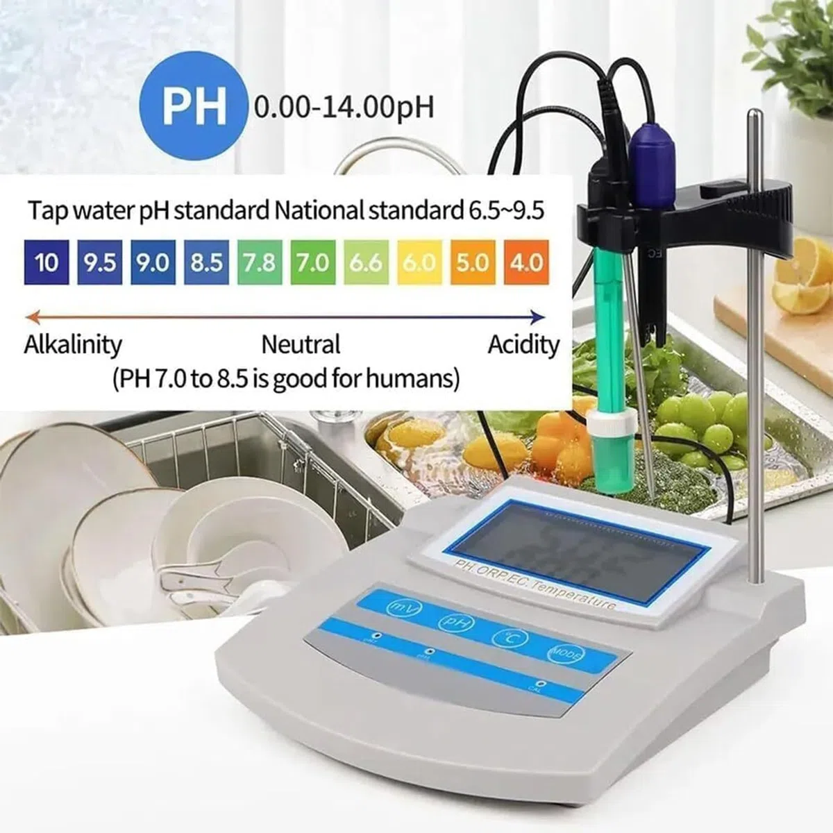 Medidor digital de pH 6 en 1 de escritorio, monitor de calidad del agua para PH, ORP, TDS, EC, CF, temperatura, medidor de mesa con ahorro de datos, para acuario, laboratorio, pesca